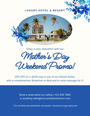 Free  Template: Pôster promocional de fim de semana floral estética minimalista bege e azul para o dia das mães