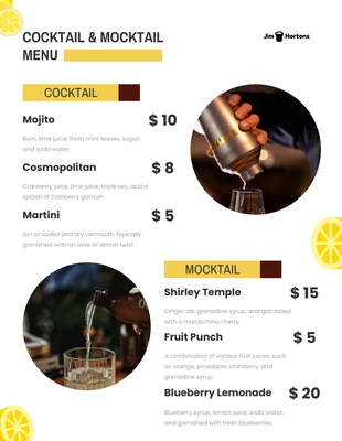 Free  Template: Menu cocktail simple gris et jaune