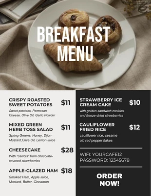 Free  Template: Folheto de menu de café da manhã moderno em cinza claro