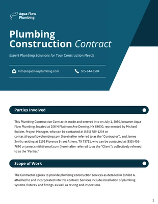 Free  Template: Plantilla de contrato de construcción de fontanería