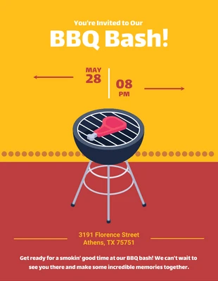 Yellow And Red Cheerful Playful Illustration Steak BBQ Invitation