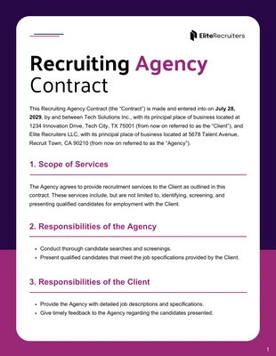 Free  Template: Modelo de contrato de agência de recrutamento