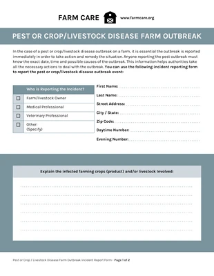 Free  Template: Farming Agriculture Outbreak Incident Report