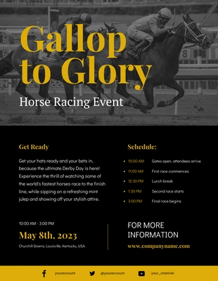 Free  Template: Pôster de evento de corrida de cavalos em preto e amarelo