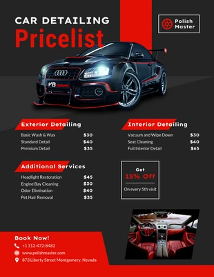 business  Template: قوائم أسعار تفصيلية للسيارات الأنيقة باللونين الأسود والأحمر