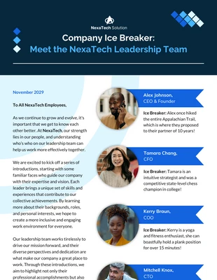 Free  Template: Boletim informativo da empresa para quebrar o gelo para conhecer a equipe