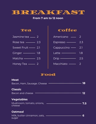 Free  Template: Menú de desayuno moderno morado oscuro y naranja