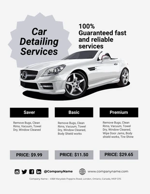 Free  Template: نشرة إعلانية لخدمة تفاصيل السيارات بسيطة باللونين الأبيض والأسود