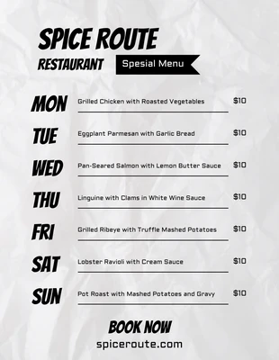 Free  Template: Modèle de calendrier de menu de restaurant simple blanc