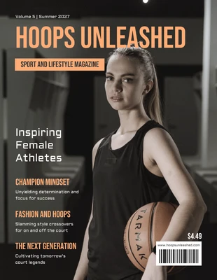 Free  Template: غلاف مجلة رياضية لكرة السلة الحديثة باللون الأسود والبرتقالي