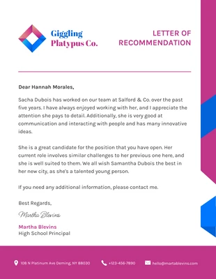 Free  Template: Purple And Blue Modern Corporate Professional Recommendation Letters