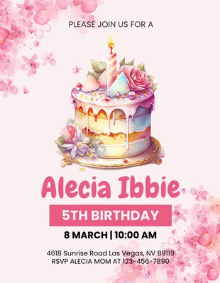 Free  Template: Flyer d'invitation à l'anniversaire Baby Pink Cute Floral Watercolor