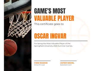 Free  Template: Certificato sportivo di pallacanestro semplice bianco e arancione