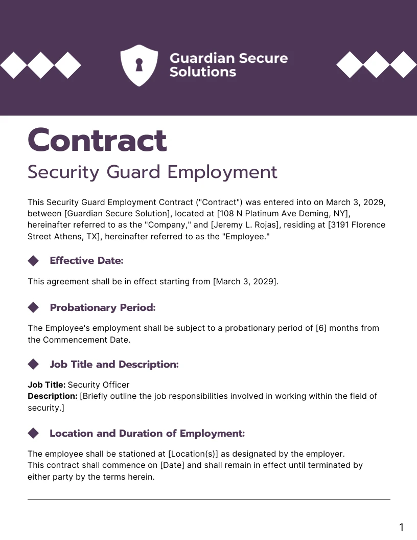 Security Guard Employment Contract Template - Venngage