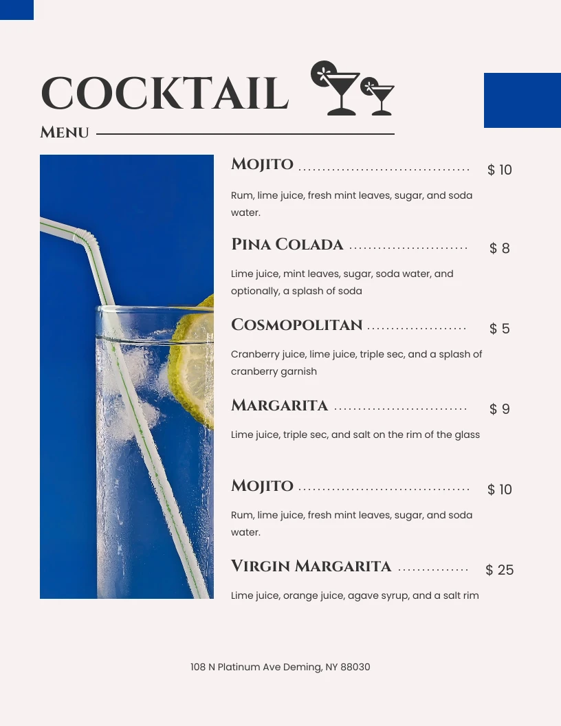 Grey simple modern cocktail menu Venngage