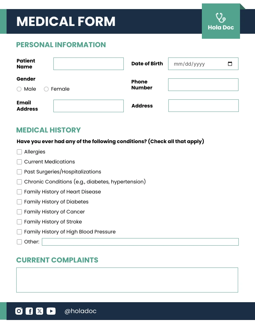 Formulario médico minimalista en tonos azul marino y verde. - Venngage