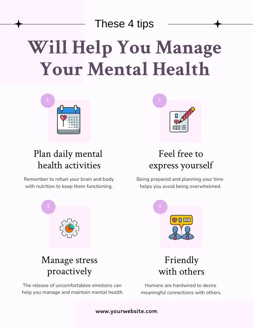 White and Pastel Purple Tips to Manage Mental Health Poster - Venngage