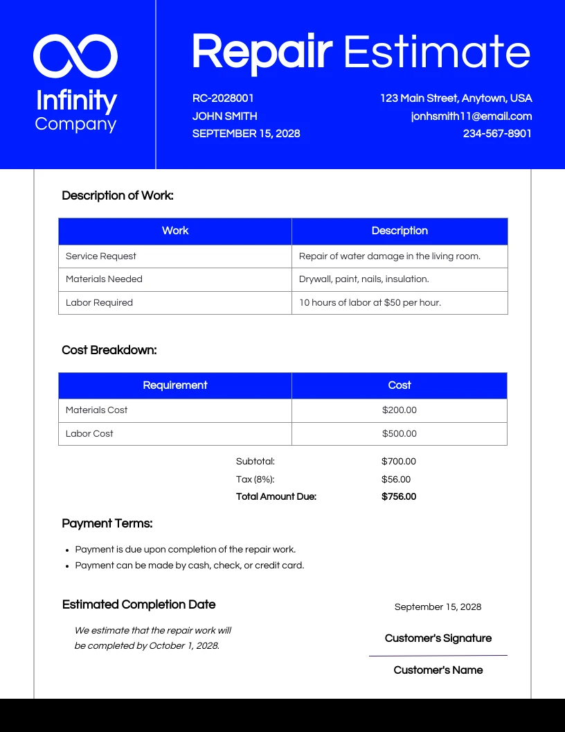 Royal Blue Repair Estimate Template - Venngage