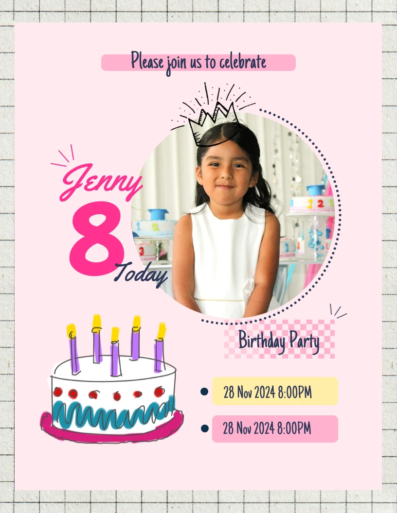 Pink Minimalist Grid Playful Kids Party Invitation - Venngage