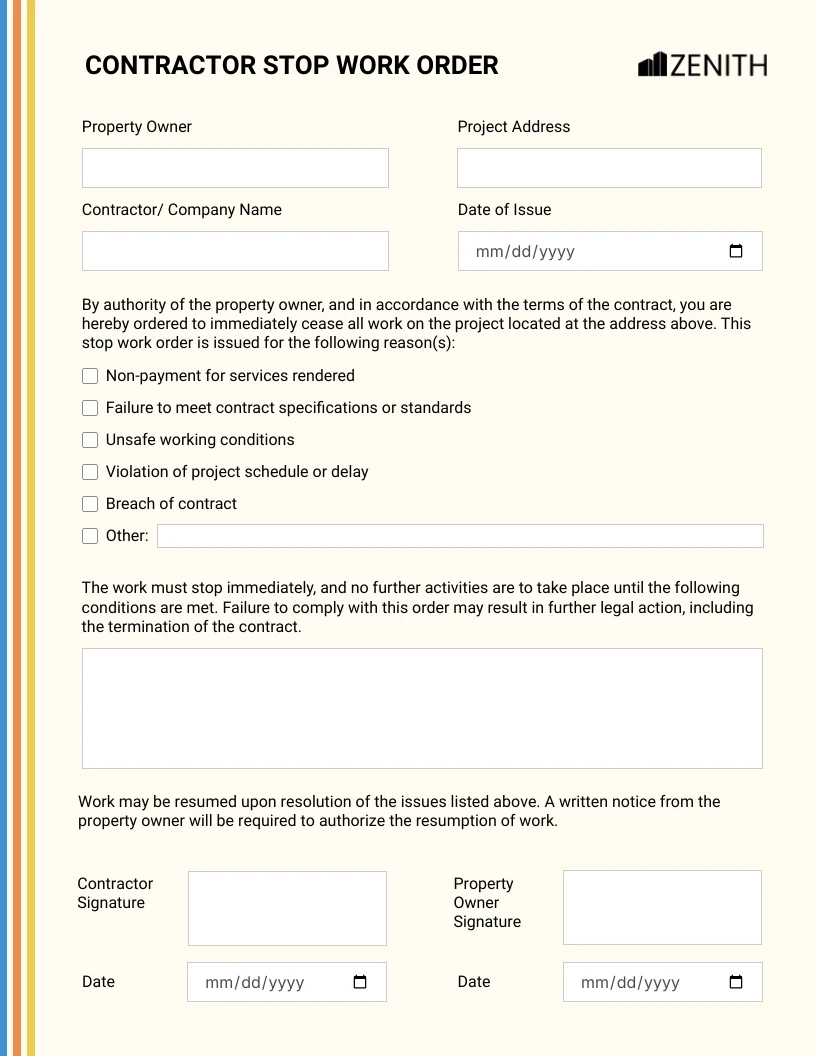 Contractor Stop Work Order Format Form Template - Venngage