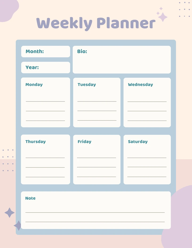 Weekly planner. Minimalistic design with pastel colors. Weekly