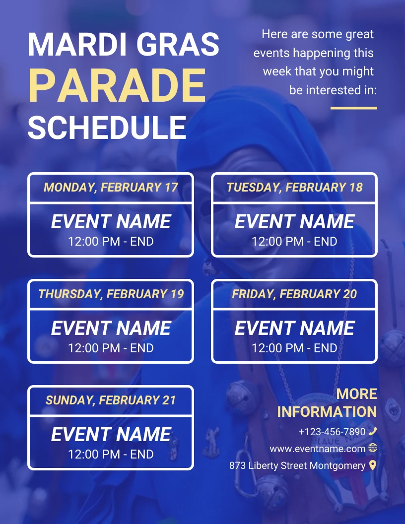 Blue Modern Background Mardi Gras Parade Schedule Template Venngage