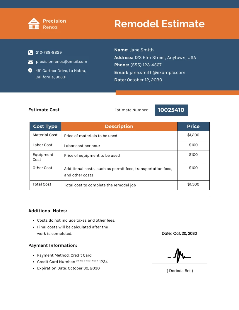 Navy Orange Remodel Estimate Template - Venngage