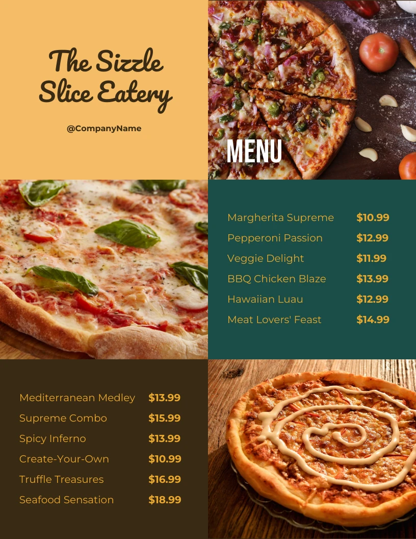 Yellow Green And Brown Modern Photo Collage Pizza Menu - Venngage