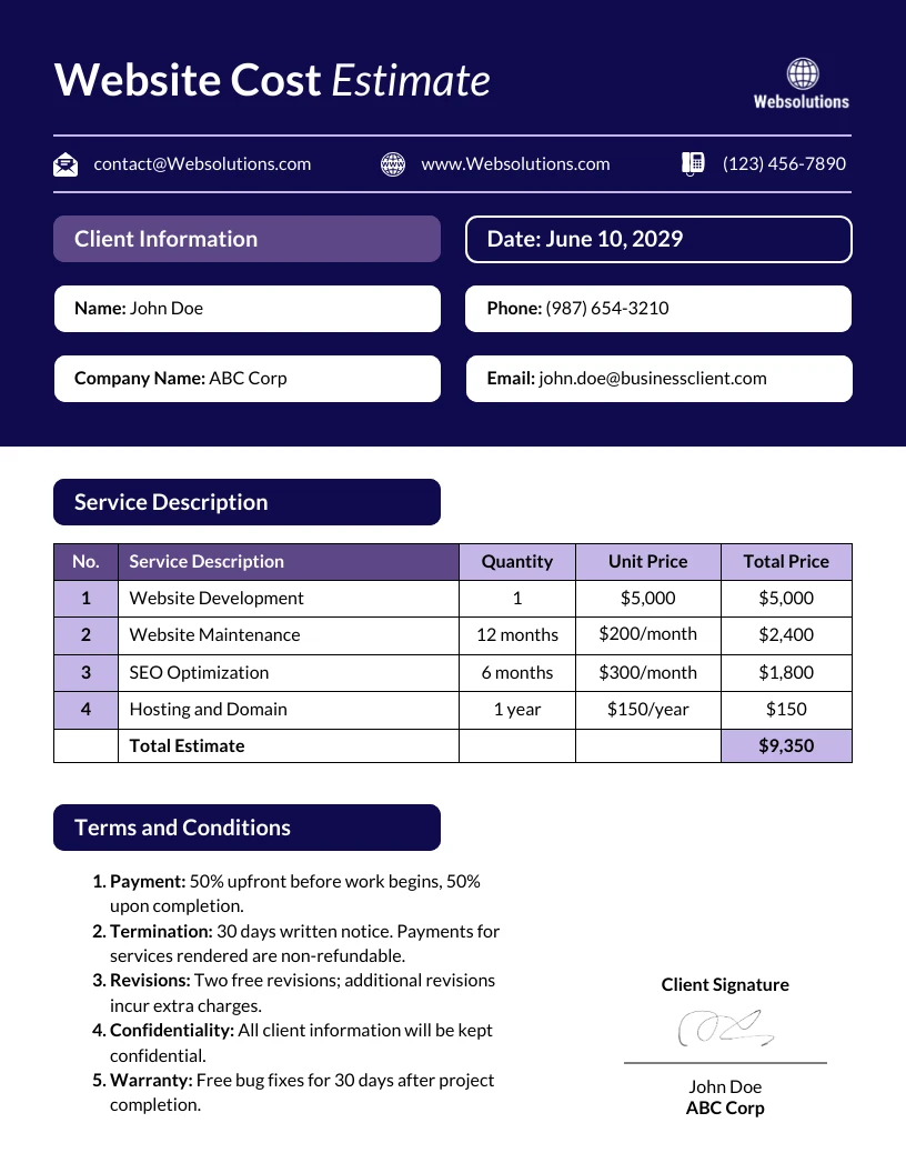 Website Estimate Template - Venngage