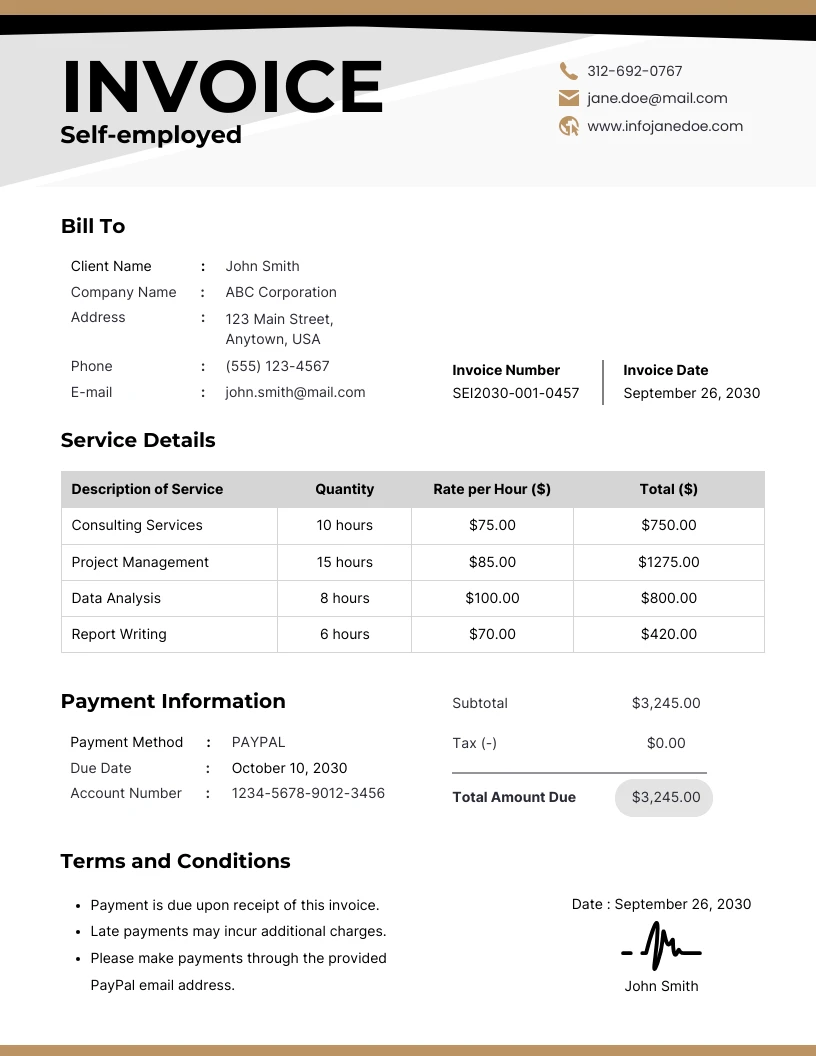 Brown White Self Employed Invoice Template Venngage