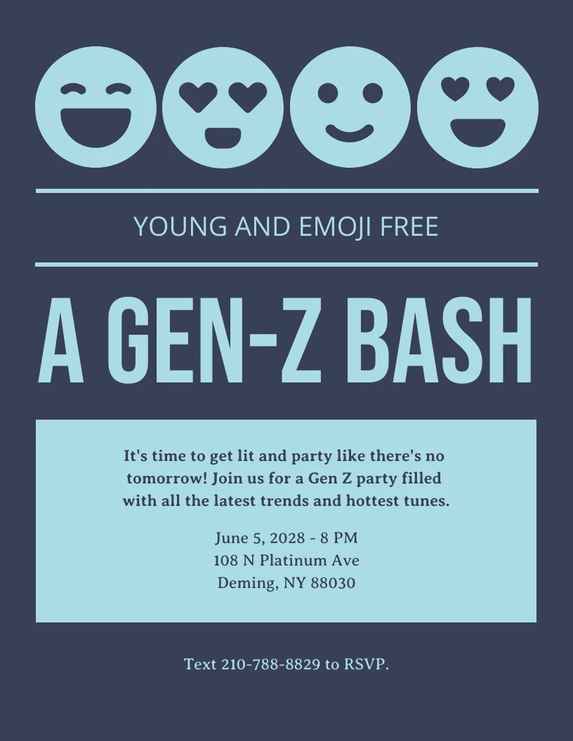 Einfache Navy Gen-Z Einladung Emoji Party - Venngage