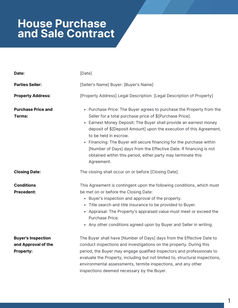 Simple Blue House Purchase and Sale Contract Template - Venngage