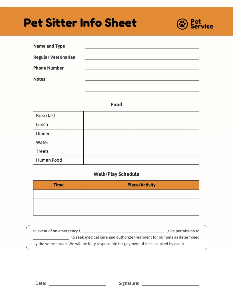 Pet Sitter Info Sheet Form Template - Venngage