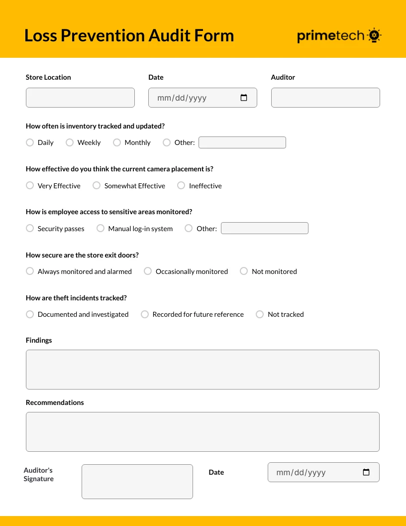 Simple Yellow Loss Prevention Audit Form - Venngage