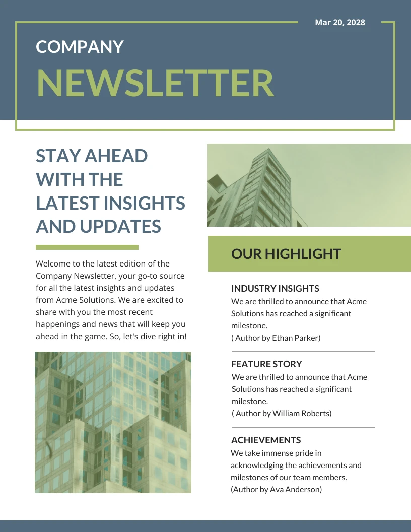 Lime Green Blue Company Newsletter Template - Venngage