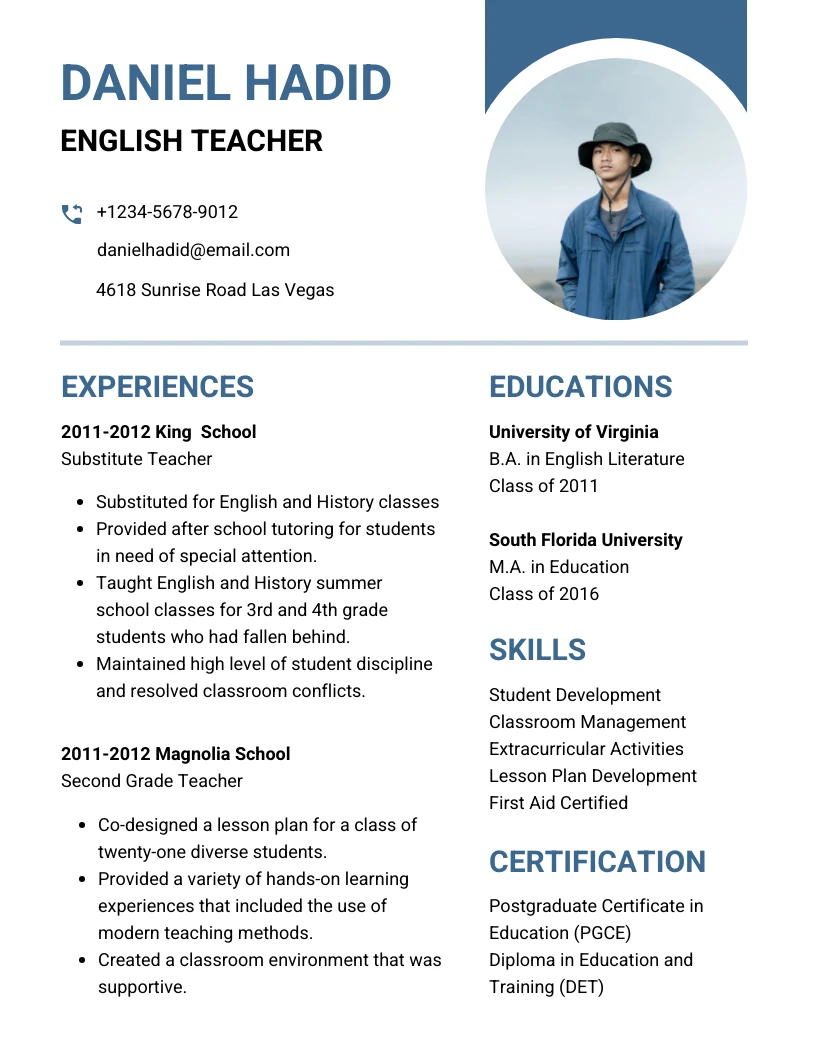 White Blue Minimalist Resume Format for Teacher Template Venngage White Blue Minimalist Resume Format for Teacher Template Venngage