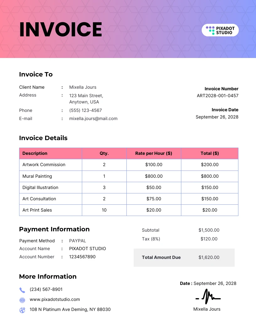 Simple Artist Invoice Template - Venngage