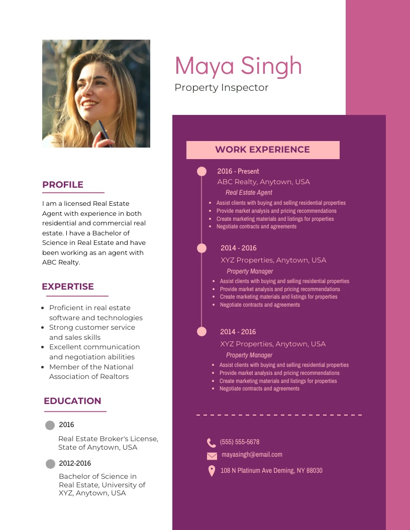 Pink And Purple Simple Professional Real Estate Resume - Venngage