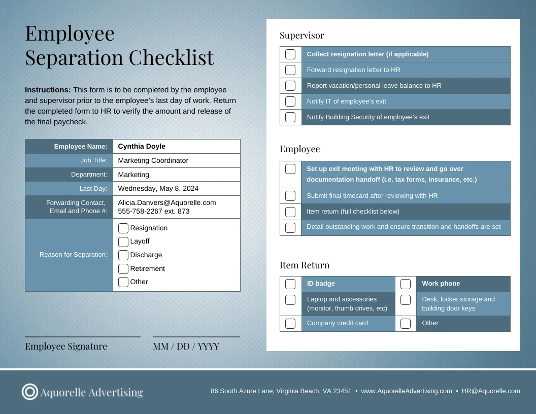 General Employee Separation Checklist Venngage