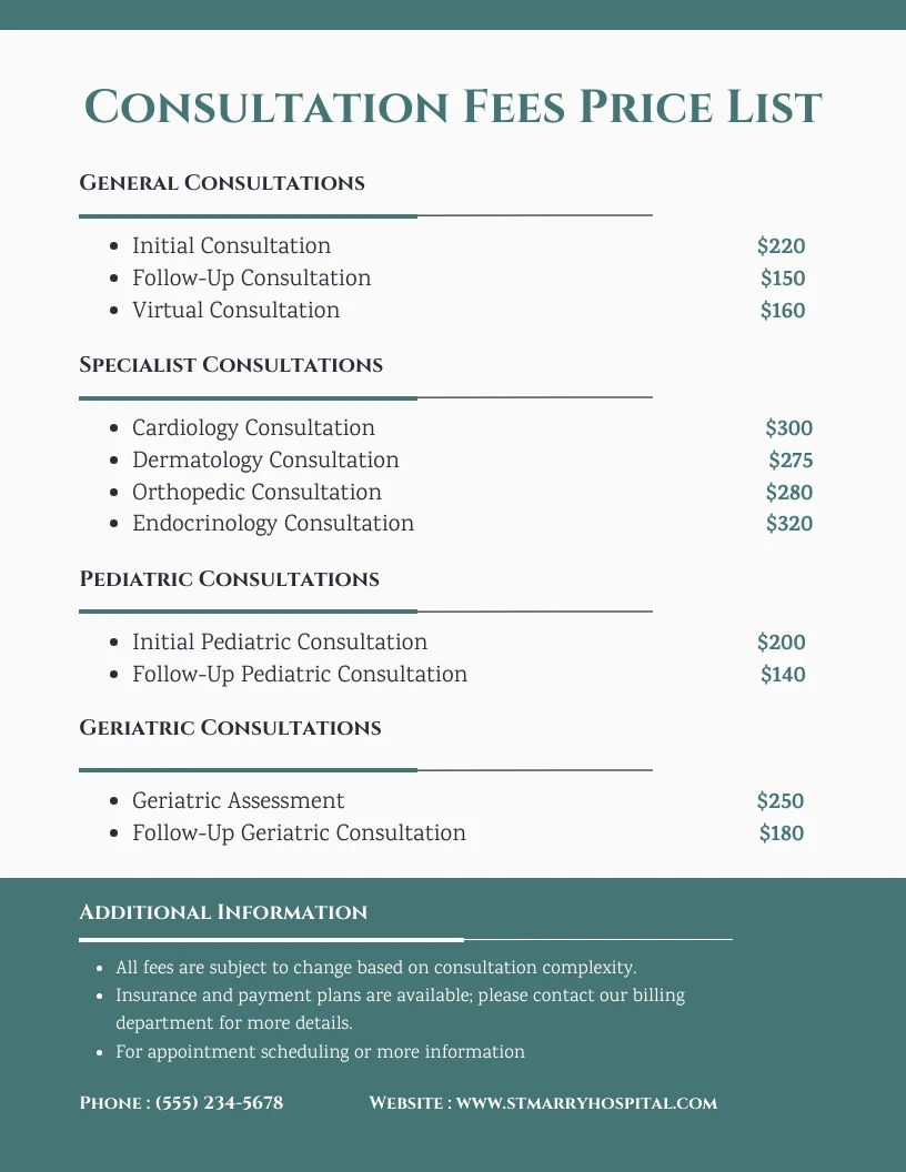 Consultation Fees Price List Template - Venngage