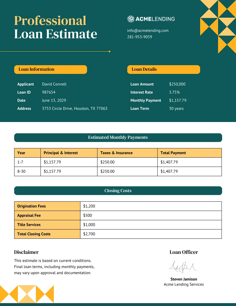 Professional Loan Estimate Template - Venngage