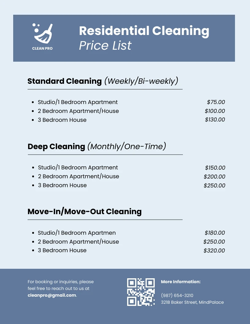 Simple Blue Residential Cleaning Price List Template - Venngage