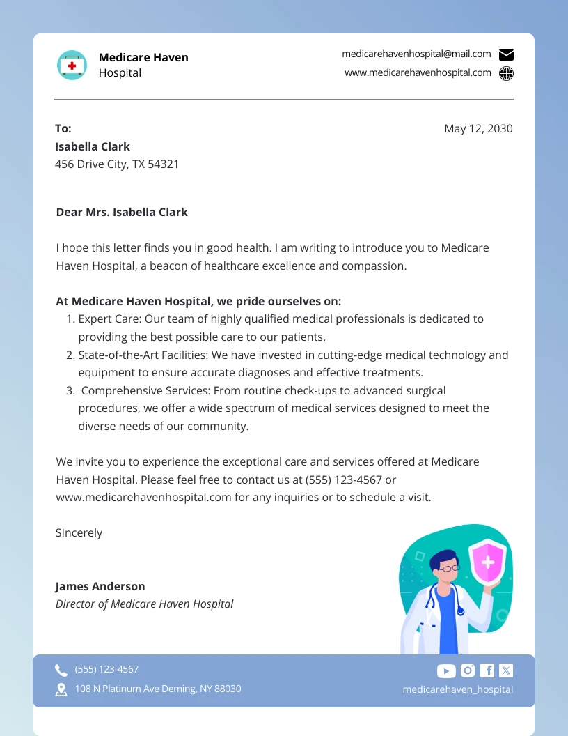 White and Blue Hospital Letterhead - Venngage