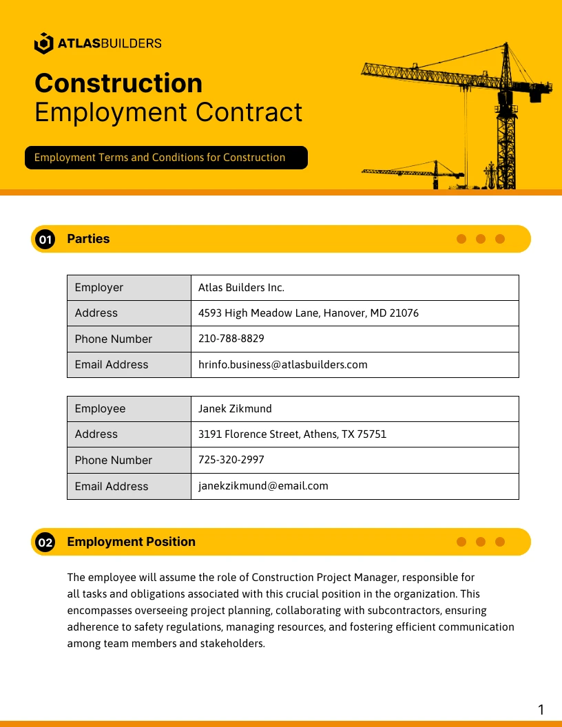 Construction Employment Contract Template - Venngage