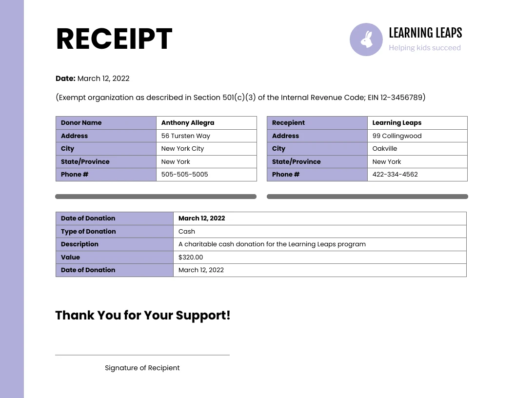 Donation Receipt Template Download A4 US Letter Size Easy 