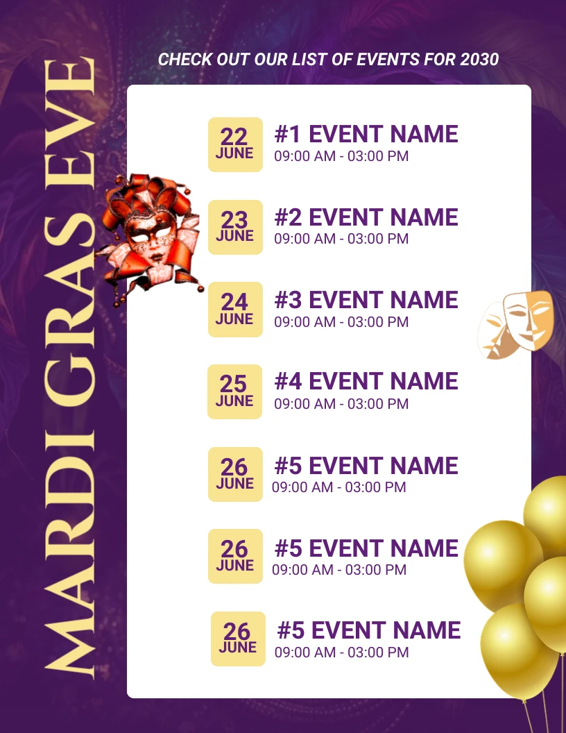 Purple Modern Mardi Gras Event Schedule Template Venngage