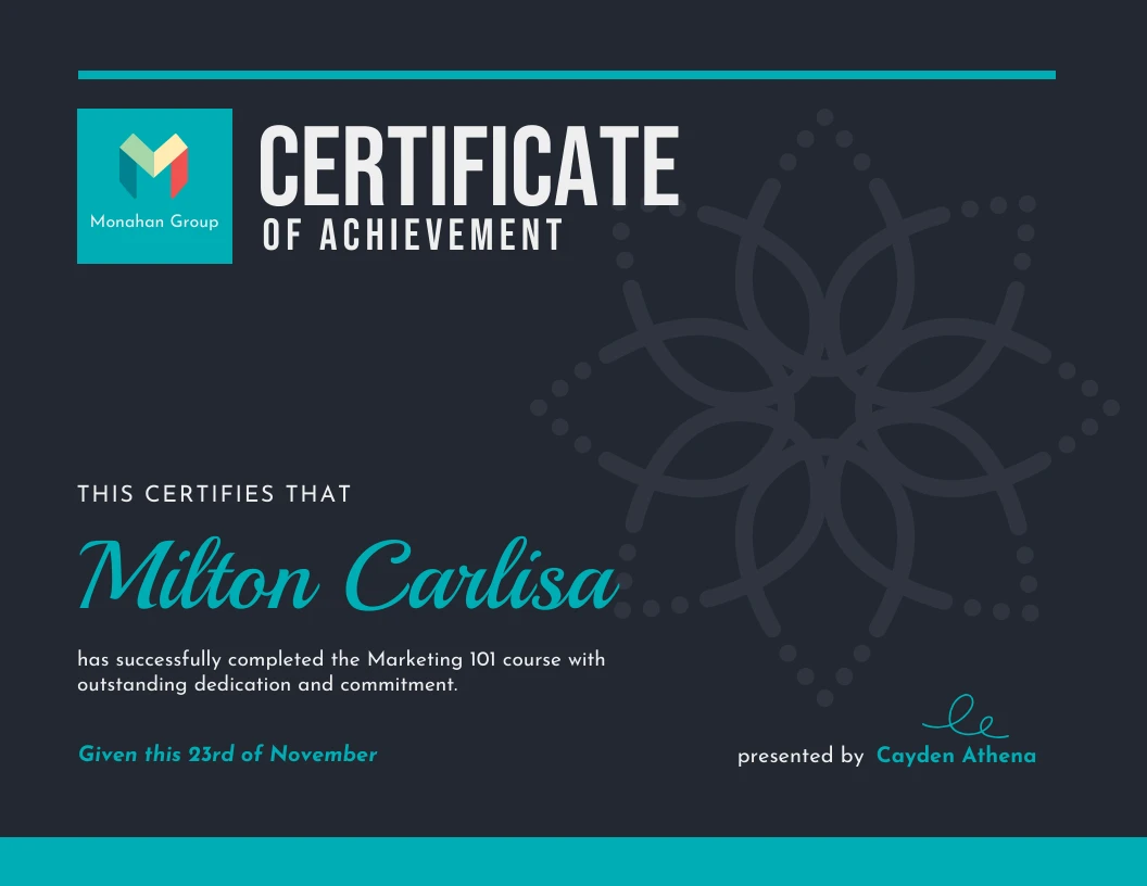 Teal Black Achievement Certificate Template - Venngage