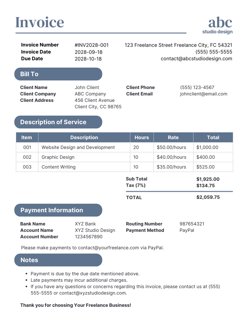 Simple Blue Freelance Invoice Template - Venngage