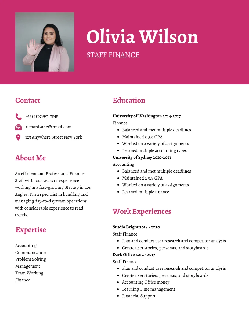 Dark Pink And White Clean Feminine Professional Finance Resume - Venngage