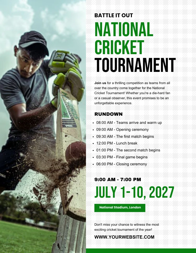 Green National Cricket Tournament Poster - Venngage